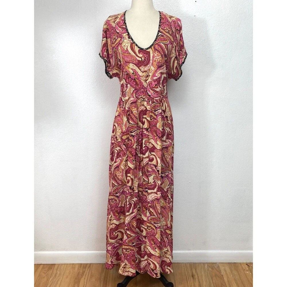 Vintage Zoe Womans Maxi Dress Large  Rayon Crepe Pink Paisley Boho Peasant Y2K